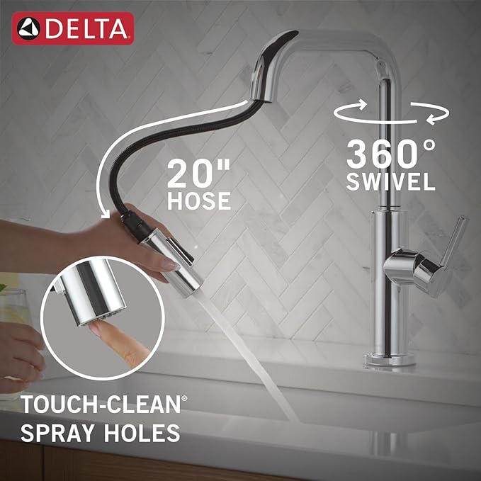 Delta Nicoli Chrome U-Spout Kitchen Faucet with Pull Down Sprayer, Modern Single Hole Kitchen Sink Faucet, Single Handle, Chrome 19868LF