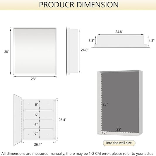 Medicine Cabinet with Beveled Mirror, 28x28 inch Square Mirror Cabinet, Recessed or Wall Mount, Bathroom Cabinet with Removable Shelves, Storage Suitable for Bathroom Bedroom