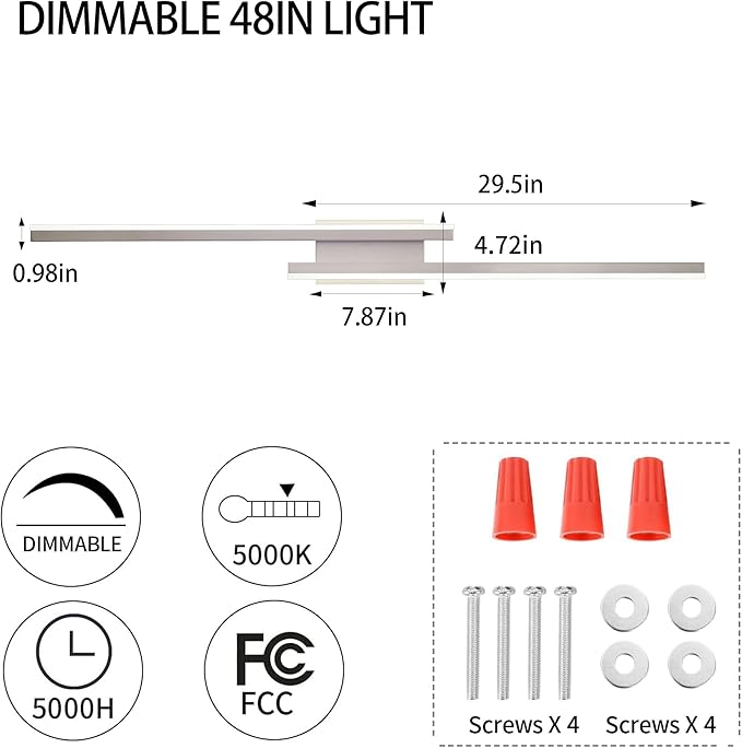 48in Modern LED Brushed Nickel Vanity Light Bar, Dimmable 46W 3200LM, 5000K Cool White, Adjustable Bathroom Light Fixtures Over Mirror -2 Light