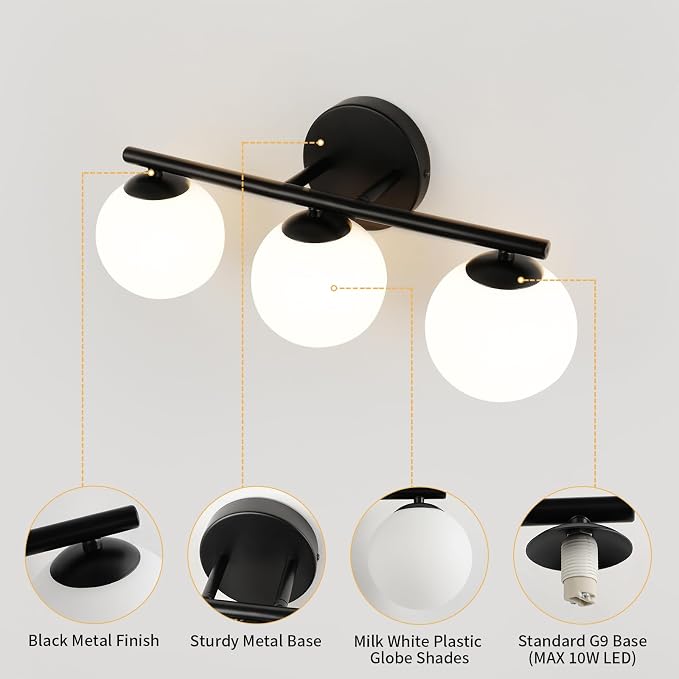 foucasal Black 3-Light Globe Bathroom Vanity Light Fixture Over Mirror | G9 Socket, Plastic Milk Globe Shades, 4.72" Base, 10W Max, Adjustable Up/Down Light, Mid Century Style for Bathroom Bedroom
