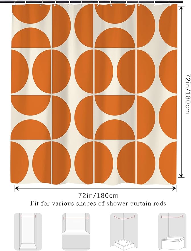 Orange Mid Century Modern Shower Curtain, Retro Geometric Abstract Shower Curtains for Bathroom, Boho Unique Pattern Waterproof Polyester Fabric Bathroom Accessories Set 12 Hooks 72X72IN