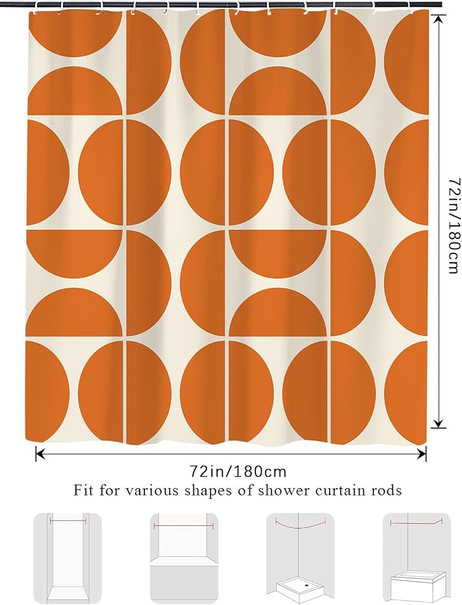 Orange Mid Century Modern Shower Curtain, Boho Abstract Geometric Retro Art Bath Curtains For Bathroom, Colorful Unique Pattern Waterproof Polyester Fabric Bathroom Accessories Set 12 Hooks 72X84IN