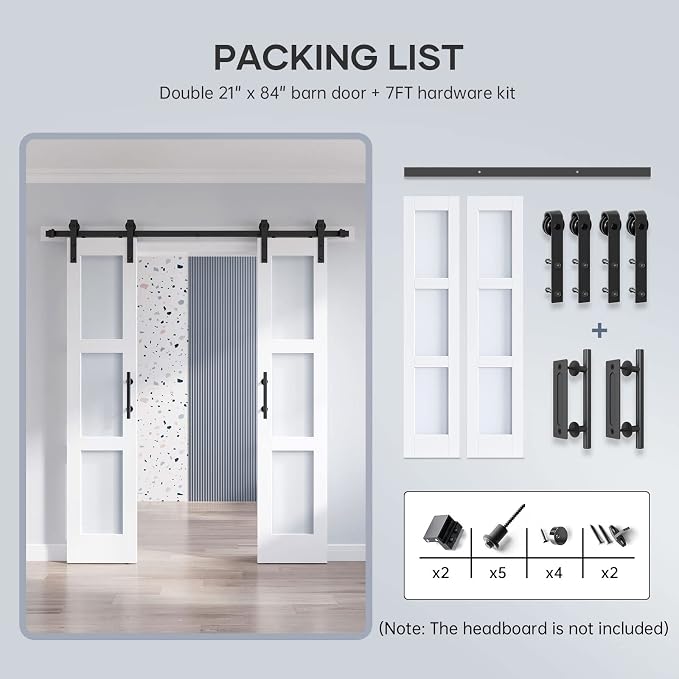 Double 21×84 Inch Glass Barn Door Slab and 7ft Hardware Kit Included, 3 Frosted Glass, LVL Wood Panel Covered with White Water-Proof Scratch-Proof PVC Surface, Simple DIY Assembly