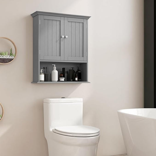 Giantex Wall Mounted Medicine Cabinets - Above Toilet Bathroom Cabinet with Adjustable Shelf, Open Shelf, Over The Toilet Space Saver Storage Cabinet for Laundry Room, Kitchen, Cupboard (Gray)