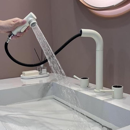 3 Hole Basin Faucets Pull Out Basin Mixer Faucet Brass-Milky White
