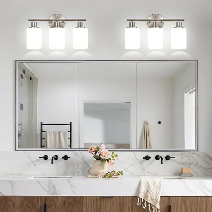 Zarbitta 3-Light Bathroom Light Fixtures, Brushed Nickel Vanity Light, Farmhouse Wall Lights with Milky White Frosted Glass Shades, Bathroom Wall Lamp for Mirror Kitchen Bedroom Hallway Living Room