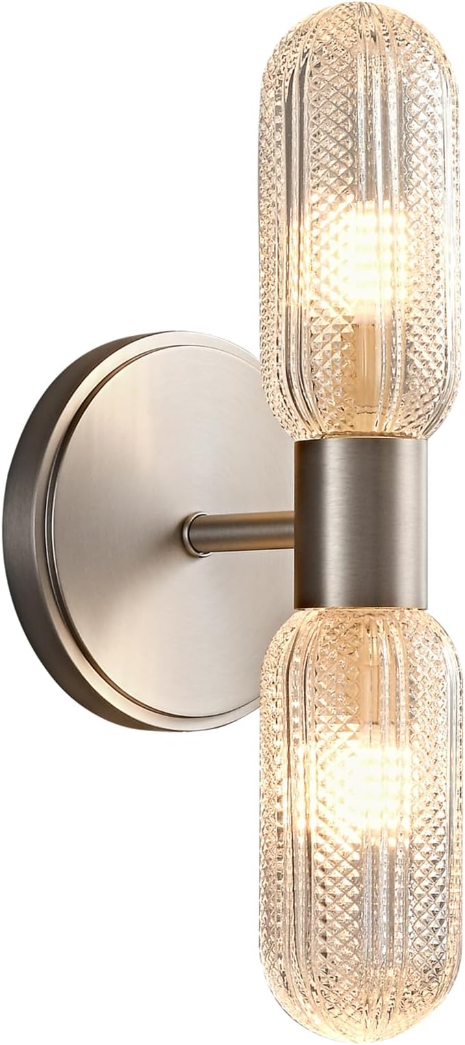 Brushed Nickel Wall Sconces 12.3in Knurled Glass Wall Light, Brass Material | 2-Light Wall Lights for Bathroom Bedroom Hallway Bathroom Vanity Mirror Entrance, Hardwired, bulb included