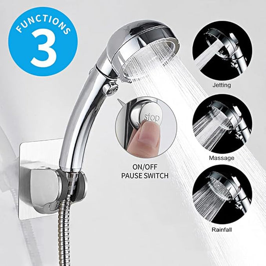 RV & Camper High Pressure Handheld Shower Head with Pause Button | 3 Spray Modes with ON/OFF Switch, Detachable Dog Shower Attachment, Drill-Free Pet Shower Wand with Bracket & Hose, Chrome