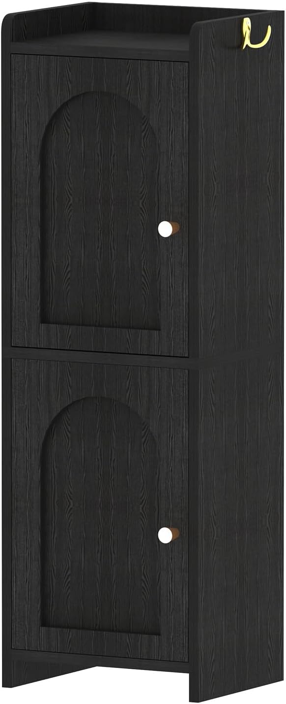 Arbuxzuy Small Bathroom Storage Cabinet with 2 Doors and Adjustable Shelf | Black Corner Floor Cabinet, Narrow Toilet Paper Cabinets with 2Hooks,Toilet Organizer for Small Spaces, 7.87"D*9.84"W*29.72"H