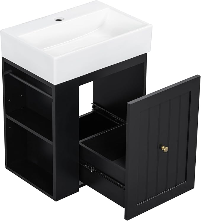 Harper & Bright Designs 20" Bathroom Vanity with Sink, Wall-Mounted Single Basin Vanity Set with One Drawer & Two-Tier Left Side Storage Shelf, Storage Cabinet with Ceramic Basin for Bathroom, Black