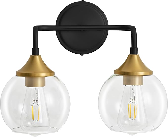 Black and Gold Bathroom Vanity Light 2-Light Vanity Lights 14" | Farmhouse Vanity Lighting Fixtures Over Mirror, Thickened Clear Glass Shade, UL E26 Dimmable Vanity Light Fixtures
