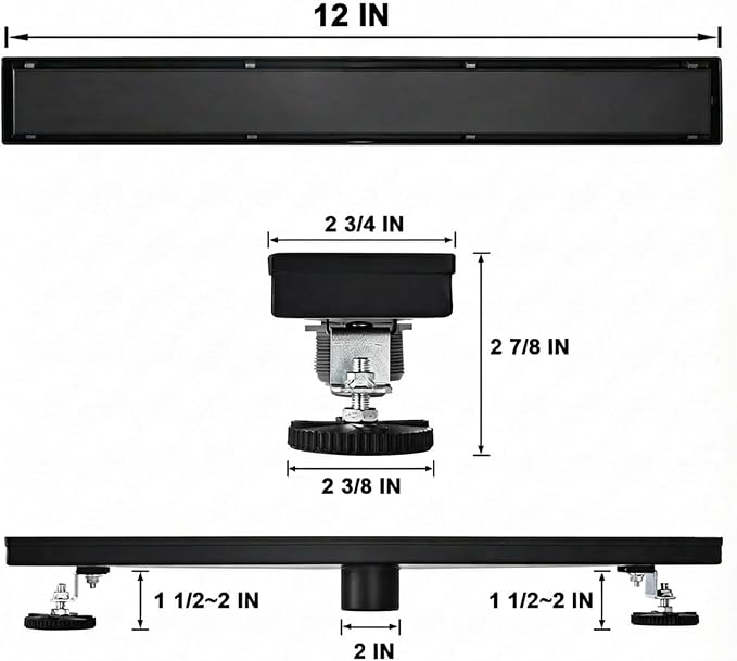Linear Shower Floor Drain, Black 12 Inch 304 Stainless Steel Bathroom Drains Kit, Rectangular Shower Trench Drain with Reversable Tile-in Pattern Drain Cover & Hair Catcher