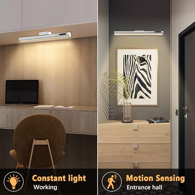 Hapfish Motion Sensor LED Light Bar Indoor, Rechargeable Under Cabinet Lighting Wireless, Magnetic Battery Powered Operated Wall Strip Lights with Remote Control for Picture Shelf Closet – Silver