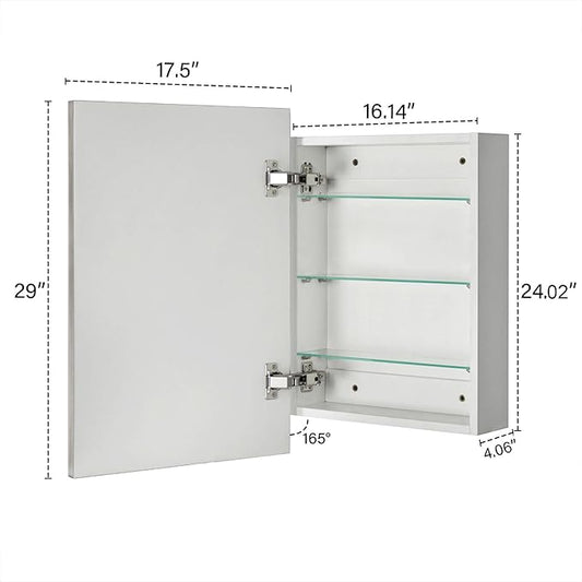 TEHOME 17.5'' x 29'' Brushed Nickel Recessed and Surface Mount Bathroom Medicine Cabinet with Mirror Square Cornered Metal Framed Rounded Rectangle Medicine Cabinet Mirror