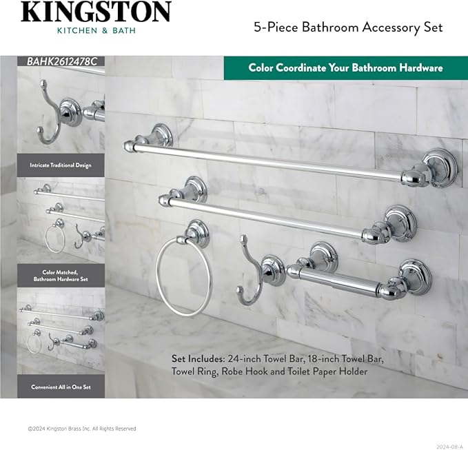 Kingston Brass BAHK2612478SN Provence 5-Piece 18-Inch and 24-Inch Towel Bars Bathroom Accessory Set in Brushed Nickel