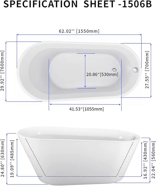 61" Acrylic Freestanding Bathtub, Single Slipper Free Standing Tub, Soaking Tub with Integrated Slotted Overflow, Toe-Tap Chrome Drain, cUPC Certified, Glossy White