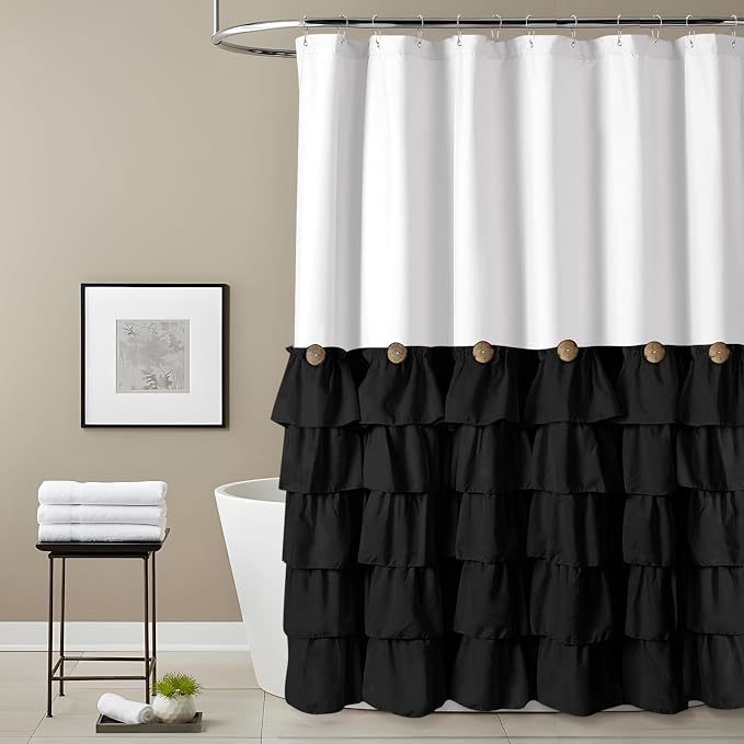 Seasonwood Black and White Farmhouse Shower Curtain 72 x 84 Black Ruffle | Natural button accents, layered fabric tiers, shabby chic and French country styling for decorative bathroom updates