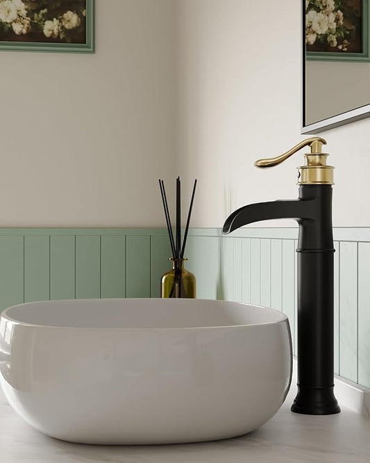 BWE Waterfall Vessel Sink Faucet Black and Gold Bathroom Faucet 1 Hole Single Handle Tall Bathroom Faucet with Pop Up Drain Assembly and Supply Lines Lavatory Vanity Bath Mixer Tap