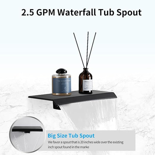 8 inch Matte Black Shower System with Tub Spout, Shower Faucet Set with Rain Shower Head and Handheld 3-Setting, Waterfall Bathtub Spout Rainfall Shower Combo Set for Bathroom Wall Mounted