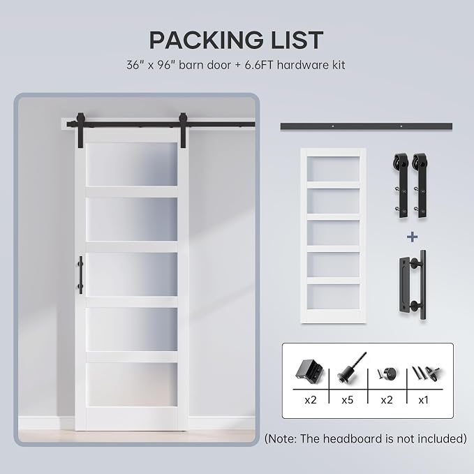 36x96 Inch Glass Sliding Barn Door Slab and 6.6ft Hardware Kit Included, 5 Frosted Glass, LVL Wood Panel Covered with White Water-Proof Scratch-Proof PVC Surface, Simple DIY Assembly