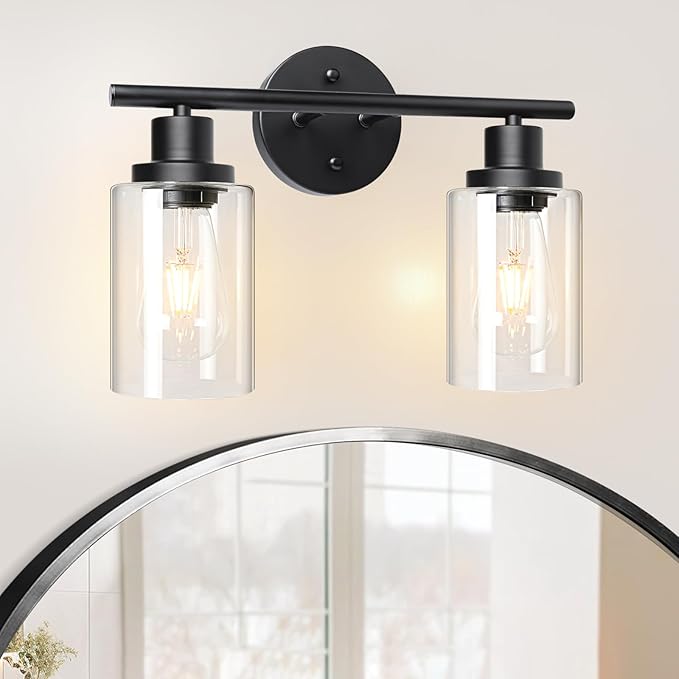 2 Light Vanity Lights, Black Wall Sconce Light with Clear Glass, Bathroom Light Fixtures, Wall Lights for Mirror, Living Room, Bedroom, Hallway, E26 Base (Bulbs Not Included)