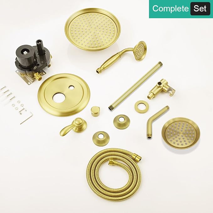Dual Rain Shower Head System with Handheld Antique Faucet Set | Brushed Gold Finish, Multi-layer Plating, Vintage Rainfall, 3 Way Diverter Brass Valve with Trim Kit, Easy Install