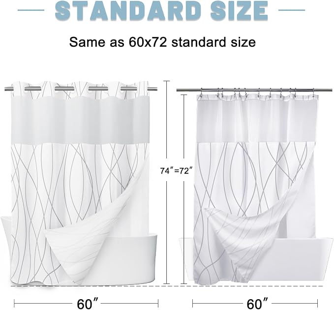 No Hook Shower Curtain with Liner, Gray White, 60 x 74 Inch | Stripe Pattern,Waterproof,Quick Dry,Mesh Top Window,Bottom Magnets,Hotel Style,Machine Washable,Modern,for Bathroom