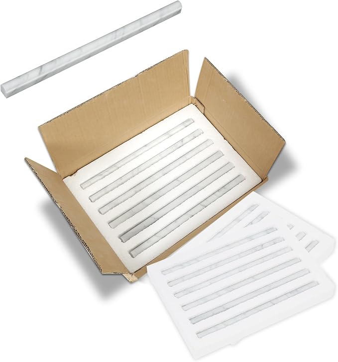 Carrara White 12 Pack of 3/5''x12'' Marble Pencil Liner Tile, Edge Trim Molding for Shower, Polished Bullnose Tile Trim for Kitchen and Bathroom Backsplash
