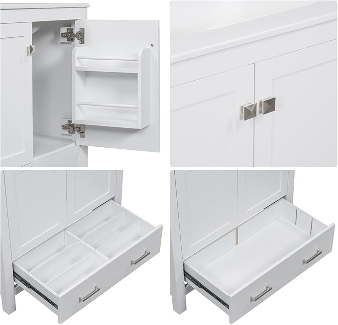 30" Freestanding Bathroom Vanity with Sink, Floor Stand Bathroom Storage Cabinet with Ceramic Sink, Doors with Double-Layered Storage Shelves, Modern Compact Vanity with Divided Drawer, White