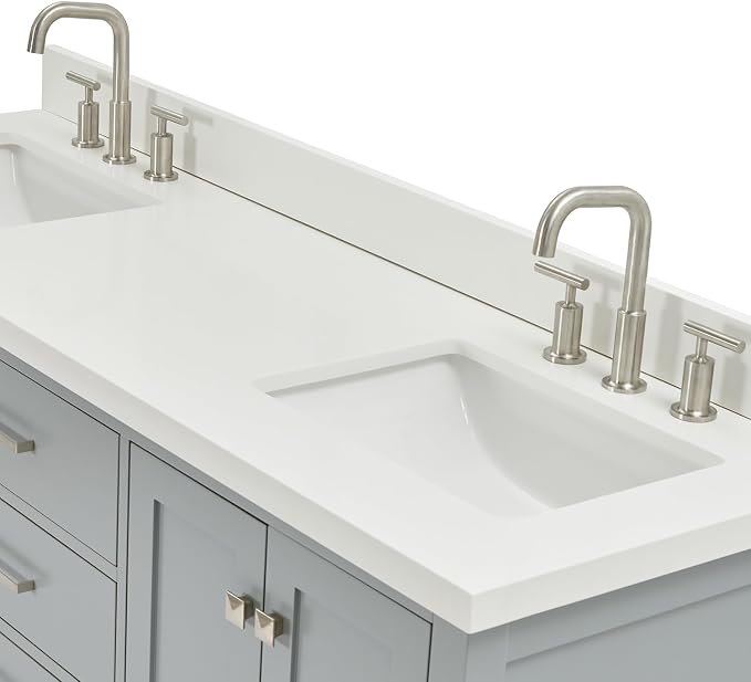 Beckford 66" Grey Double Bathroom Vanity, 1.5" Edge Pure White Quartz Countertop, Rectangular Undermount Sinks, 4 Soft Closing Doors, 6 Dovetail Drawers