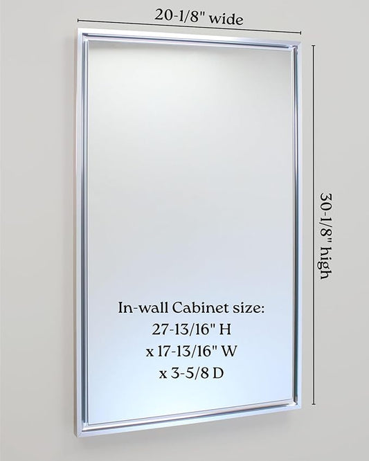 Fox Hollow Furnishings 20x30 Parker Metro Metal Framed Rectangle Recessed Bathroom Medicine Cabinet, Floating Mirror, 14x24 in-Wall Opening, Steel, Adjustable Glass Shelves, Magnet Close, Chrome
