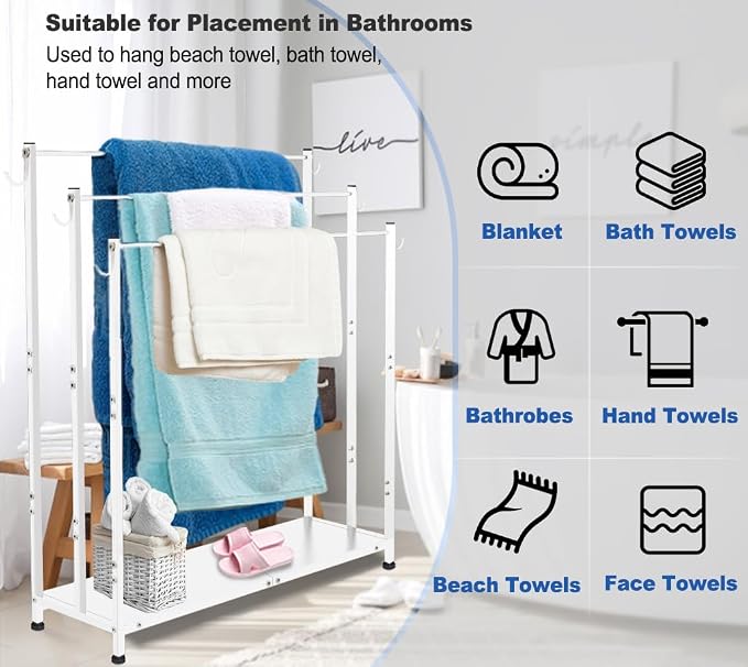 Extra Large Free Standing Towel Rack, White | 3 Tiers Heavy Duty Blanket Drying Stand Holder with Metal Storage Shelf & 6 Hooks for Bathroom, Pool, Bedroom, Living Room
