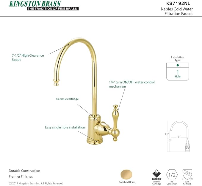 Kingston Brass Gourmetier KS7192NL Naples Single Handle Water Filtration Faucet, Polished Brass