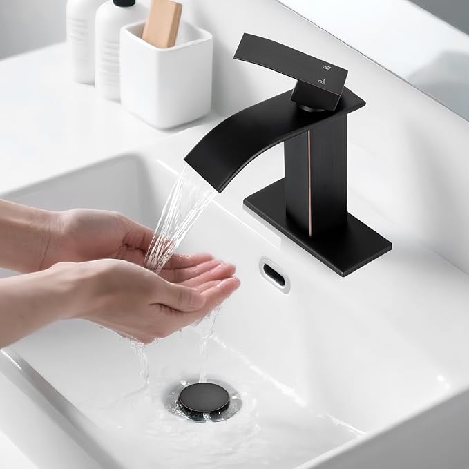 ORB Bathroom Faucet with Waterfall Spout and Pop-up Drain | SUS 304 Stainless Steel, Single Handle, 1 Or 3 Hole Sink, RV Vanity, Deck Plate, Supply Hoses, NSF372 NSF61 cUPC