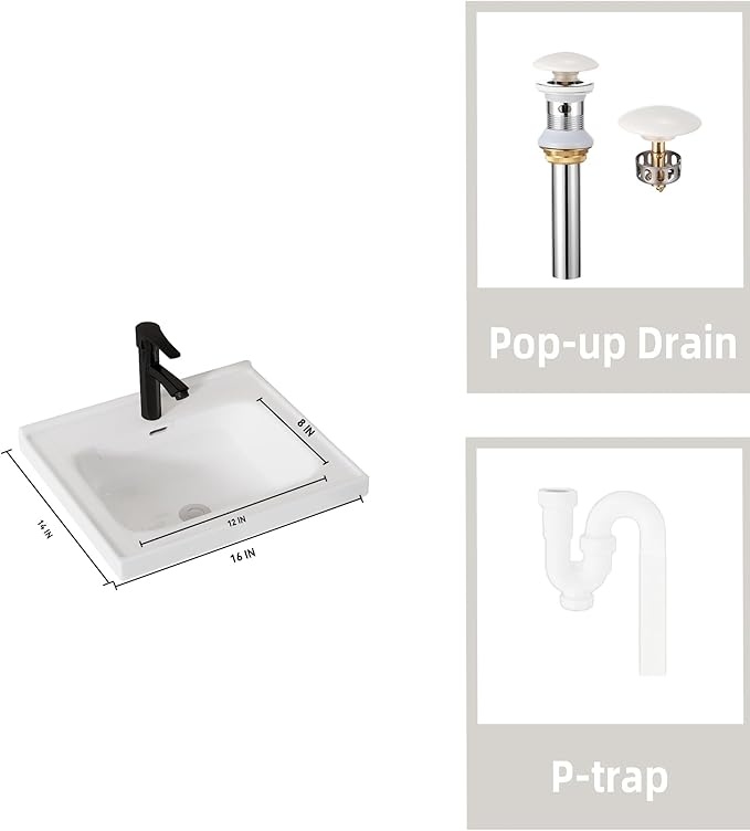 16'' Bathroom Vanity with Ceramic Sink Combo, Wall Mounted Small Bathroom Vanity with Soft-Close Door Modern Floating Cabinet, Pop-up Drain, P-Trap Included, Black(No Faucet)