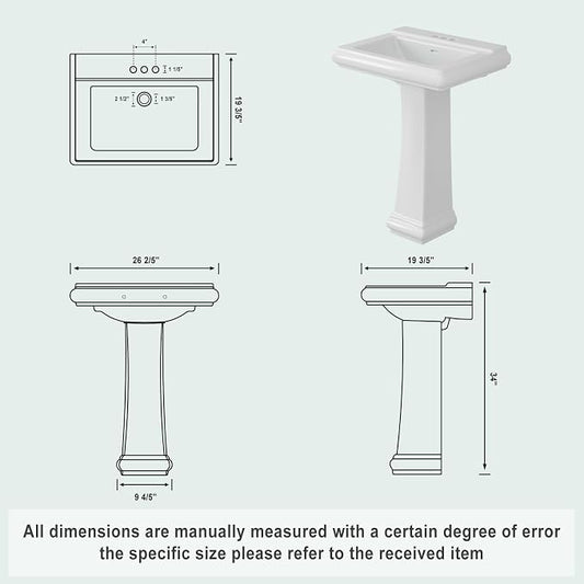 Pedestal Sink Square Ceramic Basin with 4 inch 3-Hole Faucet Setup, Large Bathroom Sink for Home Renovation, Classic Pedestal Style for Guest and Main Bathrooms