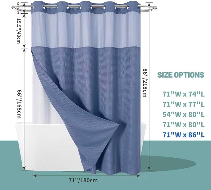 No Hook Long Waffle Shower Curtain, Snap-In Liner, 71x86 in, MoonlightBlue | 230 GSM waffle weave fabric, waterproof liner set with 2 bottom magnets, mesh top window, washable, for bathroom or hotel use