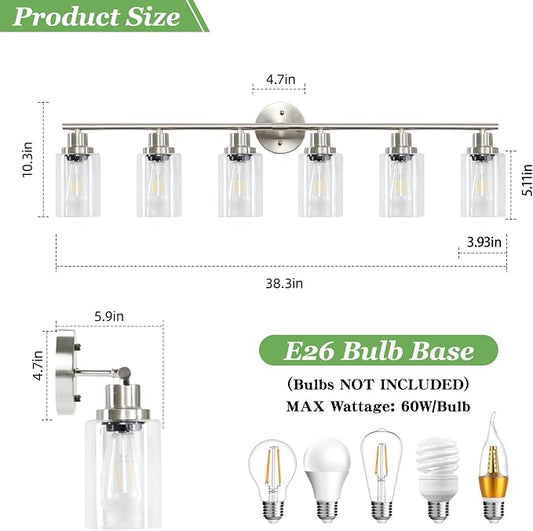 6-Light Nickel Bathroom Vanity Lights, E26 Modern Bathroom Light Fixtures with Clear Glass Shade, Wall Lamps for Mirror Hallway Kitchen Cabinet Living Room Sconces Lights
