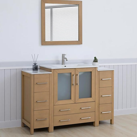 Vanity Art 54 Inch Under Mount Single Sink Bathroom Vanity Cabinet with 1 Mirror, Ceramic Top Bathroom Cabinet Compact Set with 8 Dovetail Storage Drawers and Brushed Nickel Handles, VA3030-54-NO