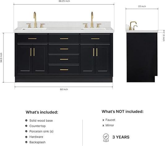 DKB Isabella 66-Inch Black Double Bathroom Vanity with Sinks, 1.5-Inch Edge Carrara White Quartz Countertop & 4-Inch Backsplash, Rectangle Sinks, Soft Closing Doors & Drawers, Solid Wood Frame