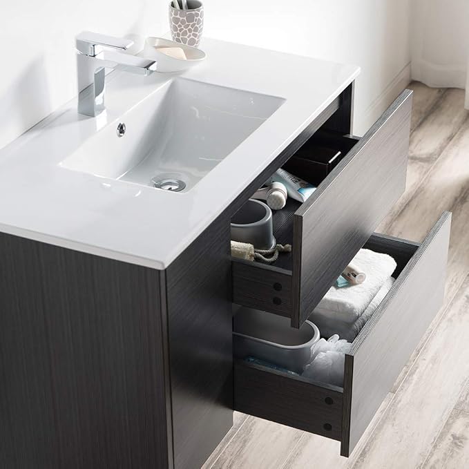 Blossom 36 Inch Bathroom Vanity with Sink - All Wood Floating Vanity Cabinet with Ceramic Sink - 2 Soft-Closing U-Shaped Cutout Drawers - Modern Bathroom Storage Vanities, Silver Grey Finish
