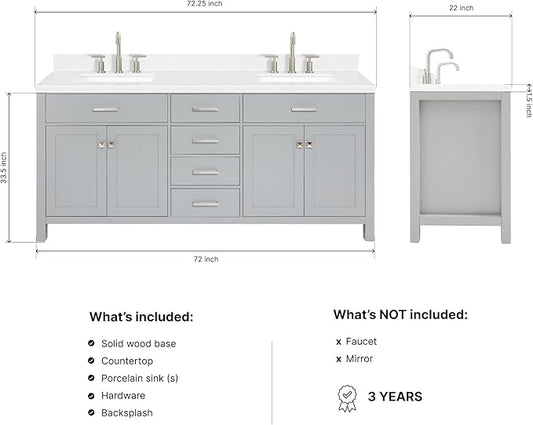 DKB Alenza 72 Inch Bathroom Vanity Double Sink — Grey Bathroom Vanity with Sink, 1.5" Edge Carrara White Quartz Countertop & Backsplash, 4 Soft-Close Doors, 4 Dovetail Drawers