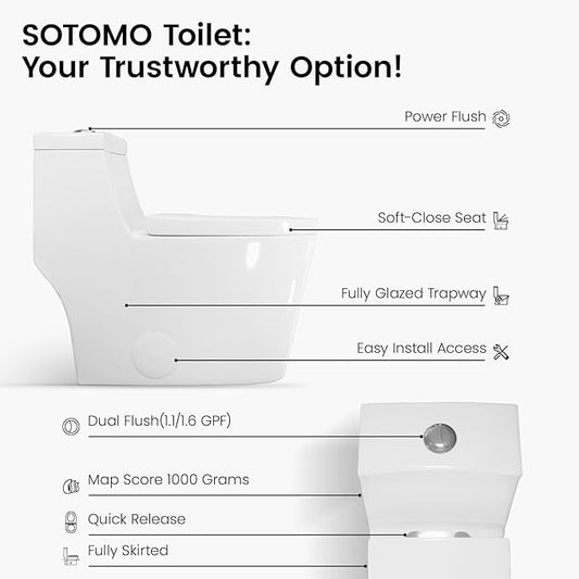 Elongated One Piece Toilet with Soft Closing Seat, 12'' Rough-In Modern Toilet for Bathrooms, 1.28 GPF Dual Flush, MAP 1000g, 28.4 x 15.5 x 26.6 Inches Standard White Toilet bowl
