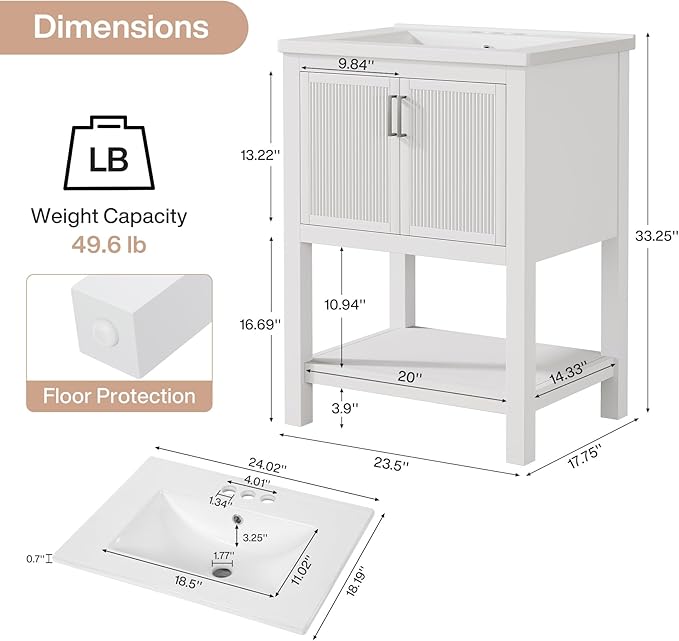 Tribesigns 48" Bathroom Vanity with Sink, Modern Freestanding Vanity with Ceramic Porcelain Basin, 2-Door Storage Cabinet & Open Shelf for Small Bathroom, Industrial, White