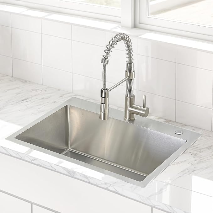 HOTIS 24 x 18 Inch Drop In Kitchen Sink, Overmount 304 Stainless Steel RV Laundry Utility Sink, Topmount Extra-thick 16 Gauge Brushed Nickel Single Bowl Sink with Dish Grid & Drain