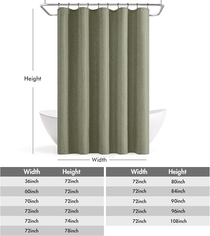 ANRODUO Olive Green Linen Textured Fabric Shower Curtain Set - W60xL72 | Farmhouse Shower Curtain with 10 Metal Hooks, Waterproof Heavy Duty, Button Hole Design, Machine Washable for Bathroom