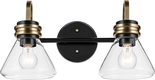Kichler Farum 19.25" 2-Light Vanity Light with Clear Glass in Black, for Vanity, Jack & Jill Layout, Over a Mirror (19.25" W x 9.5" H), 55154BKCLR