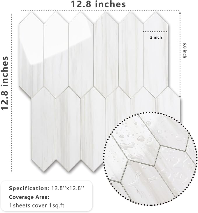 Vamos Tile 1 Sheet Glossy Dolomite White Backsplash Tile Peel and Stick, 12.8 x 12.8 Inch Long Hexagon PVC Self Adhesive Mosaic Wall Tiles Stick on Backsplash for Kitchen and Bathroom