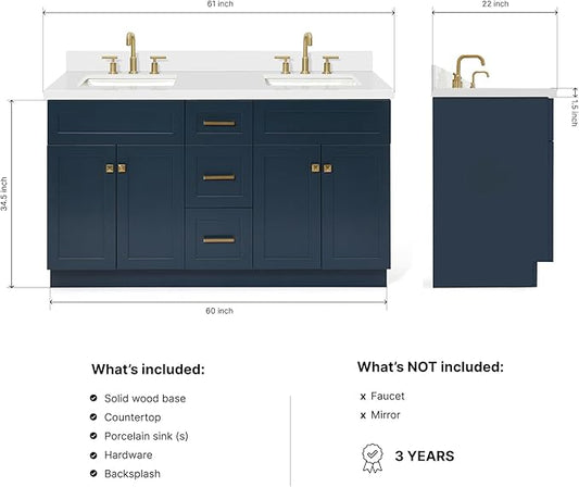 ARIEL Hamlet 60-inch Bathroom Vanity with Sink,Solid Wood, 1.5-inch Pure White Quartz Countertop, Double Rectangular Porcelain Sink, 4 Soft Closing Doors, 3 Dovetail Drawers, Midnight Blue