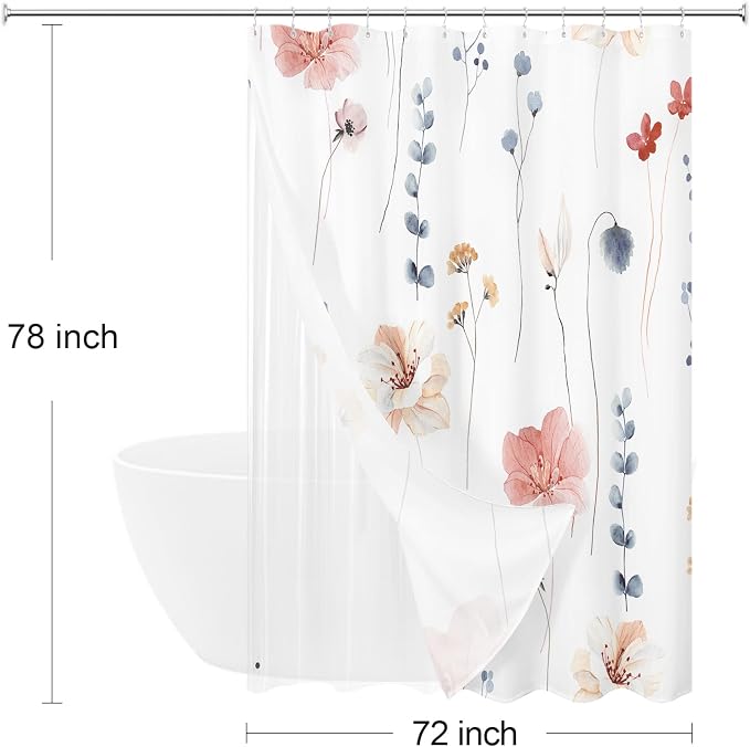 Long 3 in 1 Shower Curtain Set, 72x78 | Long 3 in 1 Shower Curtain Set, PEVA Liner Set & 12 Double Sided Steel Hooks, Waterproof Fabric Bathroom Curtain